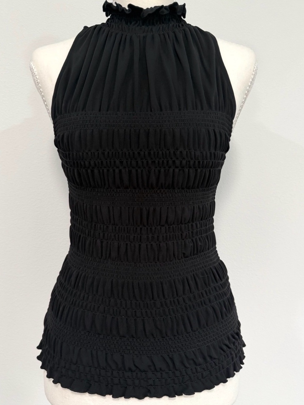 FRAME Smocked Knit Halter Top Black Sleeveless Mock Neck Size Small